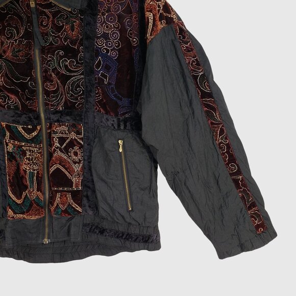 Vintage Reversible Velvet Embroidered Bomber Jacket Wmns L Boho Patchwork 80s 90 - Picture 4 of 9